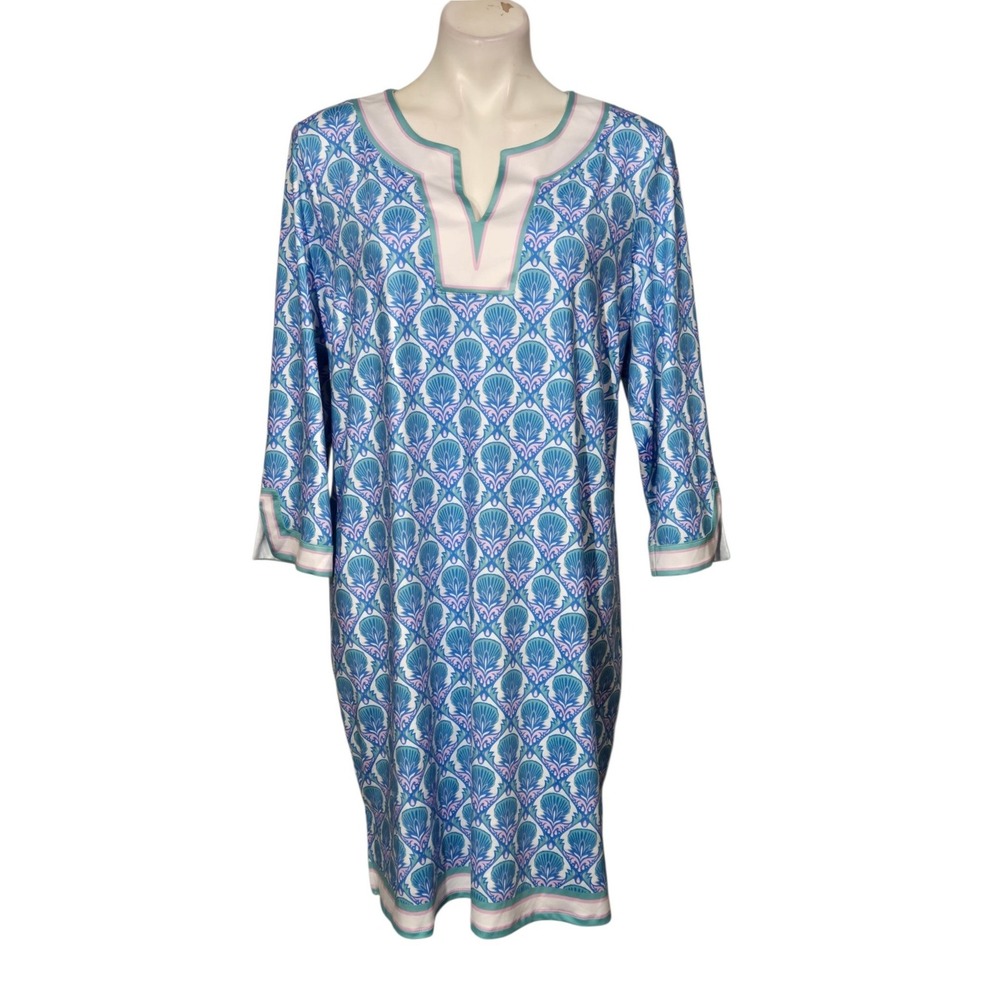 Caribbean Joe Island Supply Co Blue Green Shell Print Split Neck Shift Dress 1X